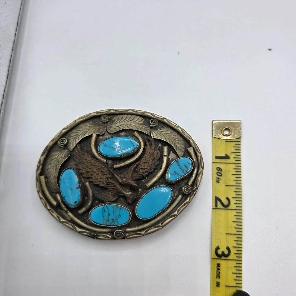 Vintage Navajo SS‎ Mark Eagle Belt Buckle Turquoise Stones Brass Tone Western